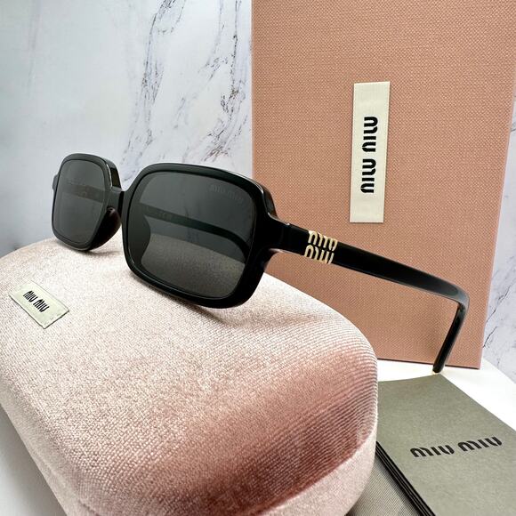 MIU MIU Sunglasses New Black Square Rectangle Acetate Gold Metal Logo Authentic - Picture 1 of 16